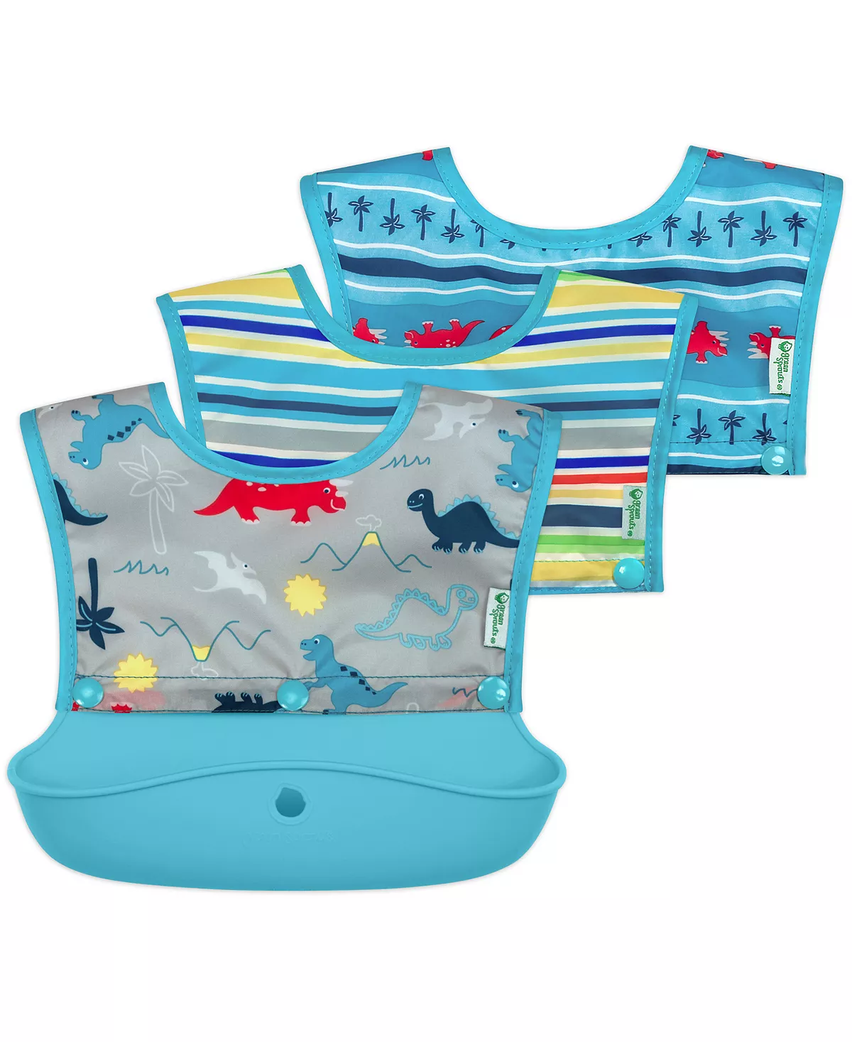 Green Sprouts Baby Boys And Girls Snap Go Silicone Food Catcher Bib, Set- 3 In 1