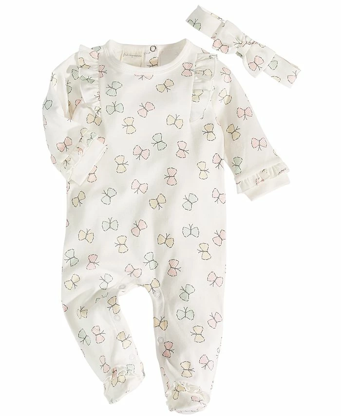 First Impressions Baby Girls Cotton Butterfly Ruffle Footie And Headband, 2 Piece Set, Created For Macy's
