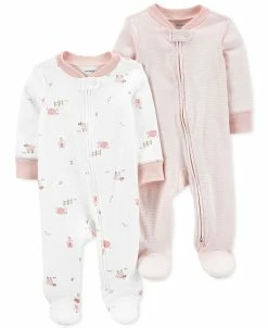 Carter's™ Baby Girls Cotton Two Way Zip Footed Coveralls, Pack Of 2