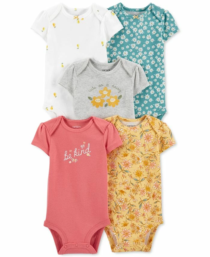 Carter's™ Baby Girls Printed Short Sleeved Cotton Bodysuits, Pack Of 5