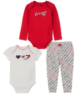 Tommy Hilfiger Baby Girls Signature Bodysuits And Printed Joggers, 3 Piece Set