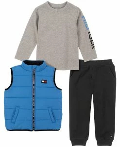Tommy Hilfiger Ddler Boys Logo T-shirt, Signature-Tape Puffer Vest And Joggers Set, 3 Piece