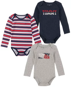 Tommy Hilfiger Baby Boys Signature Long Sleeve Bodysuits, Pack Of 3