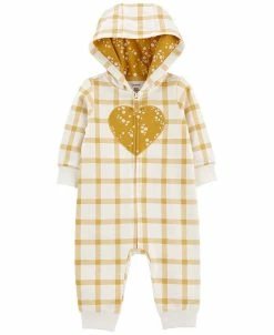 Carter's™ Baby Girls Yellow Plaid Heart Hooded Zip Front Jumpsuit