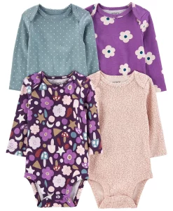 Carter's™ Baby Girls Floral Printed Long Sleeved Bodysuits, Pack Of 4
