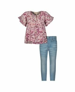 Jessica Simpson Girl's 2 Piece Floral Print Top & Jeans Set, Kids