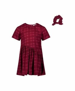 Steve Madden Girl's Printed Twill Short Sleeve Shift Dress With Scrunchie, Kids