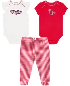 Tommy Hilfiger Baby Girls Crochet Trim Signature Bodysuits And Joggers, 3 Piece Set