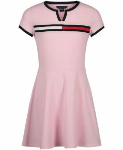 Tommy Hilfiger Little Girls Short Sleeves Signature Trim Split-Neck Dress